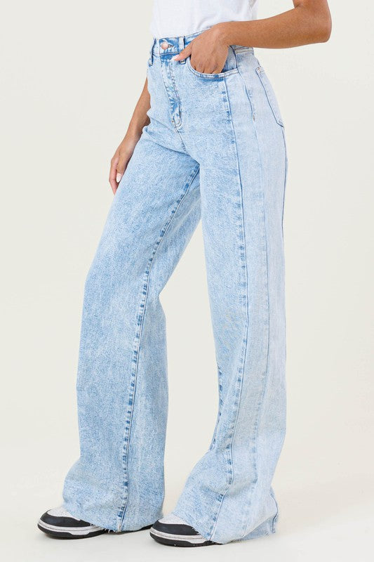 High Rise Color Block Wide Leg Jeans