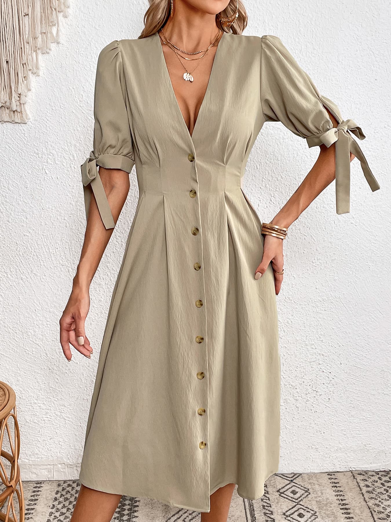 Tie Cuff Button Down Dress