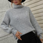 High Neck Balloon Sleeve Rib-Knit Pullover Sweater