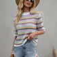 Striped Openwork Half Sleeve Knit Top