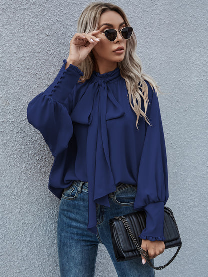 Lantern Sleeve Tie Front Blouse