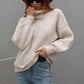 High Neck Balloon Sleeve Rib-Knit Pullover Sweater