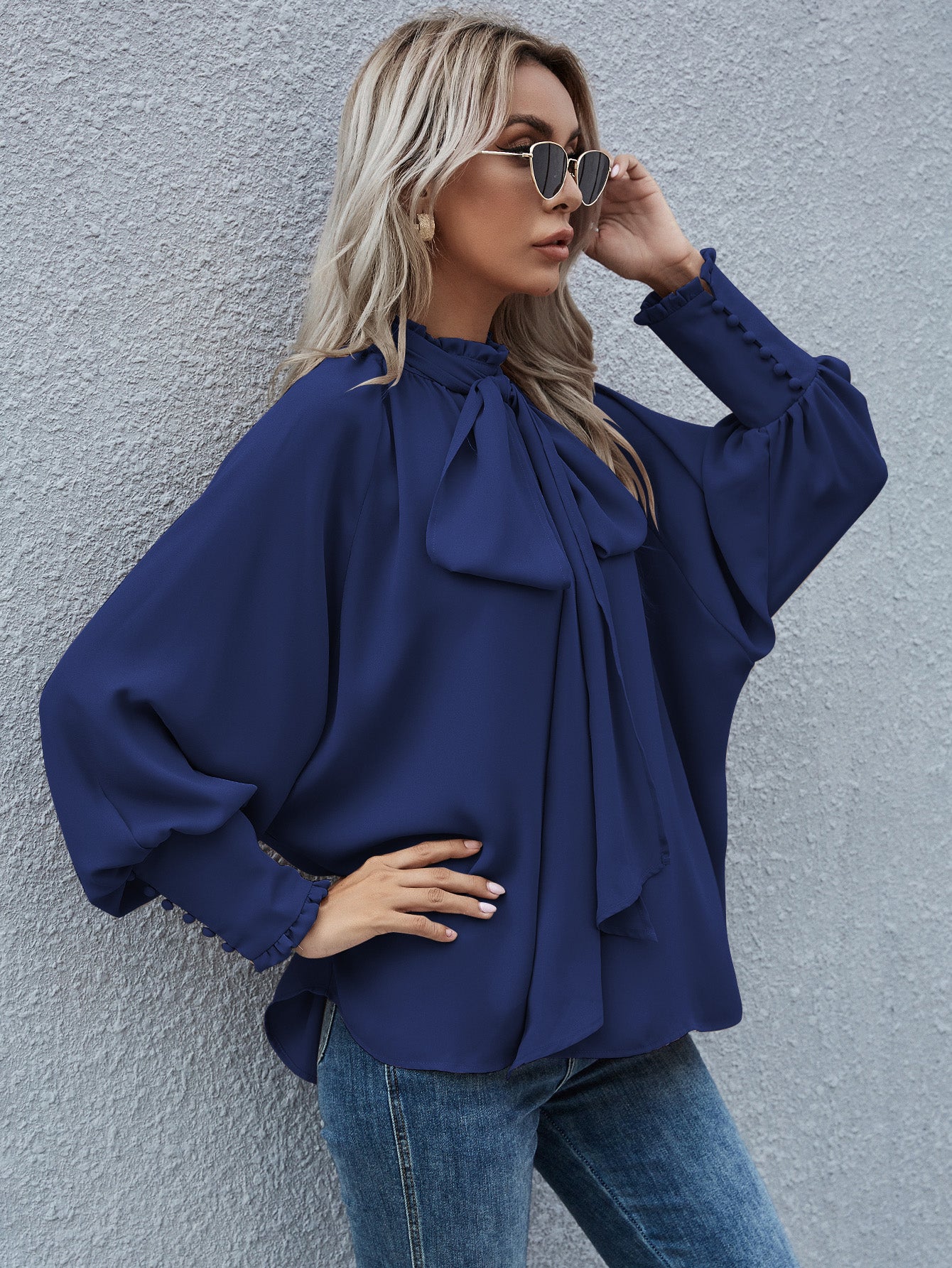 Lantern Sleeve Tie Front Blouse