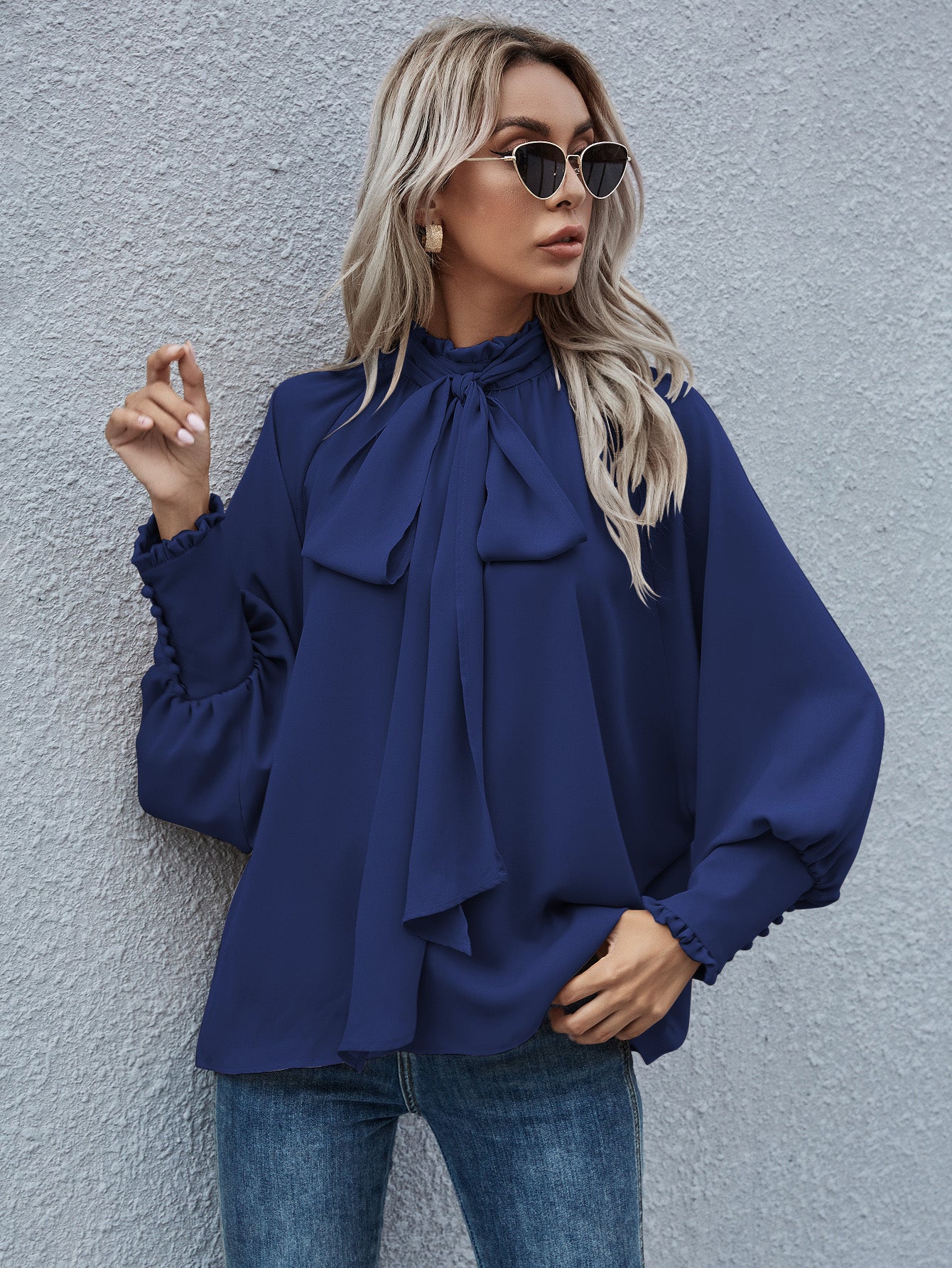 Lantern Sleeve Tie Front Blouse