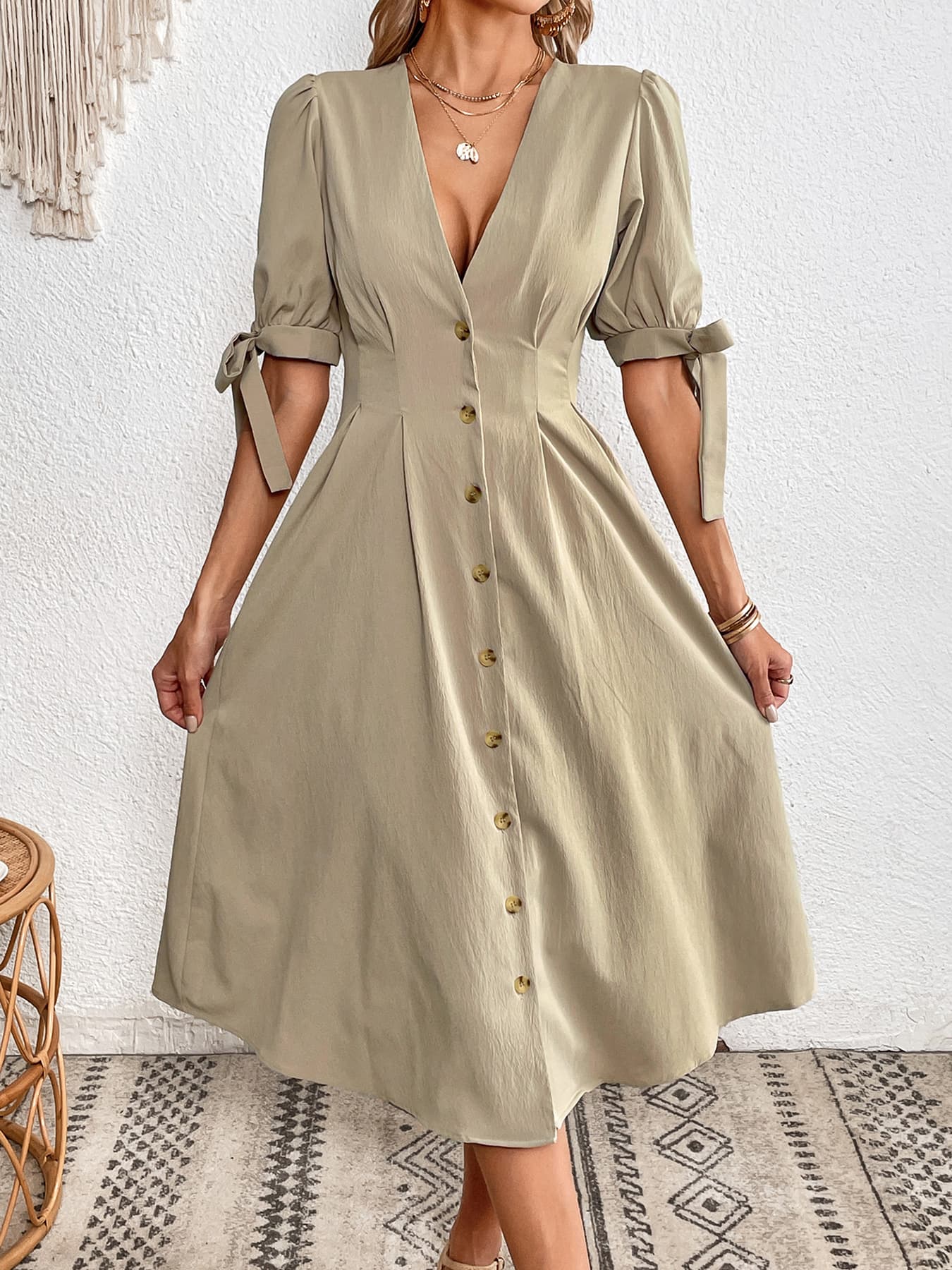 Tie Cuff Button Down Dress