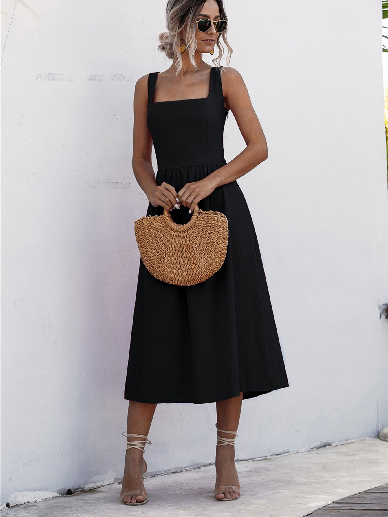 Square Neck Sleeveless Smocked Midi Dress