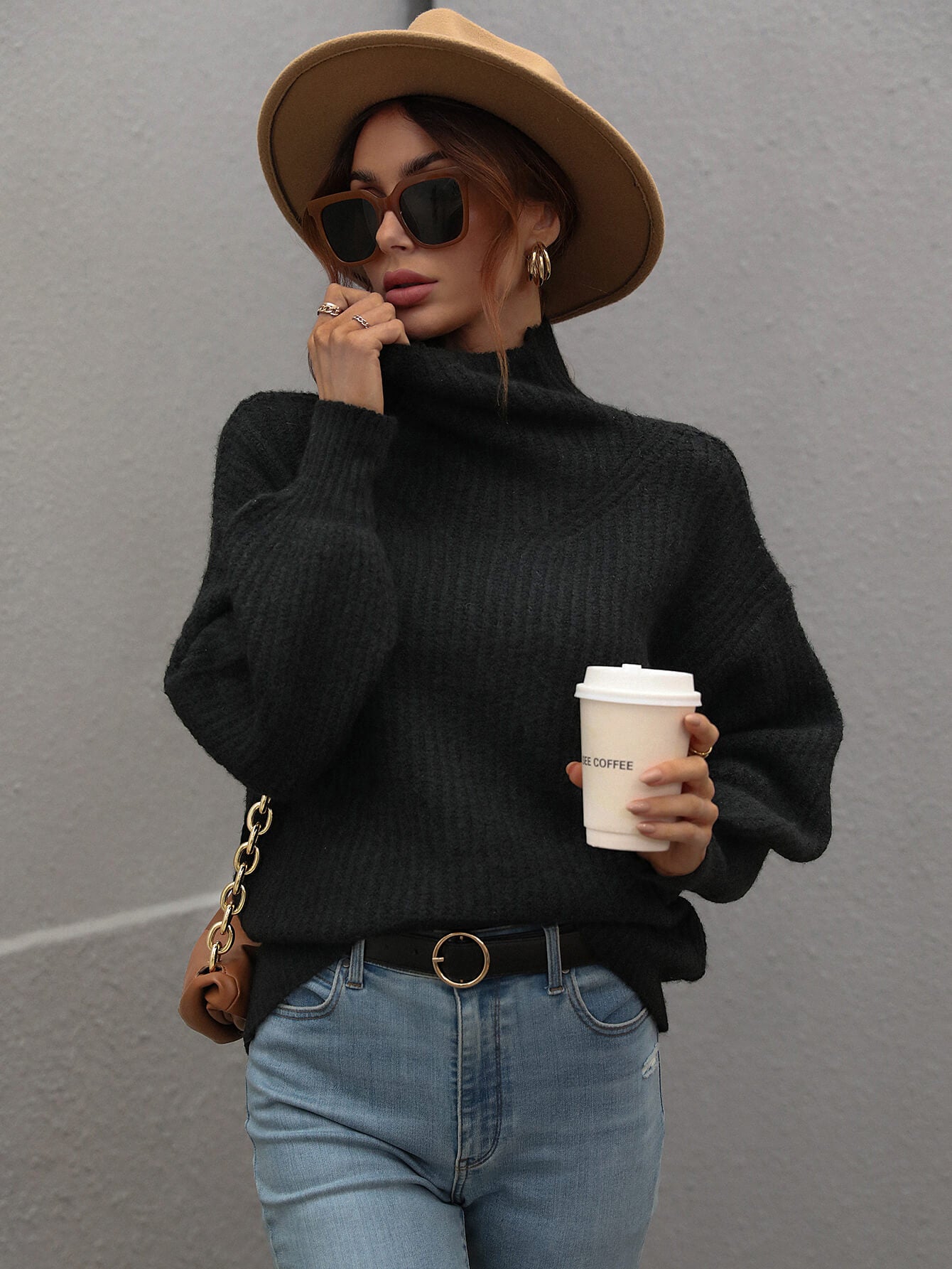 High Neck Balloon Sleeve Rib-Knit Pullover Sweater