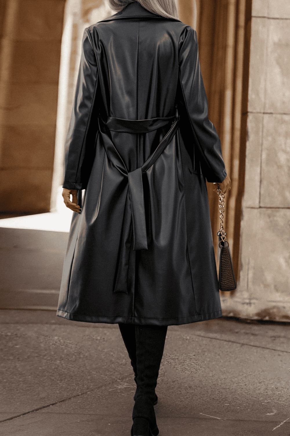 Lapel Collar Tie Waist Long Sleeve Trench Coat