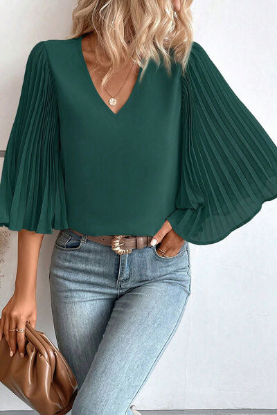 Pleated Flutter Sleeve V-Neck Blouse